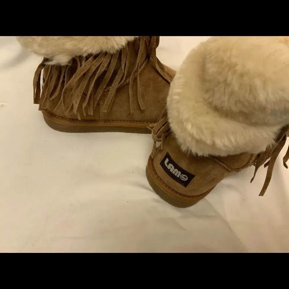 LAM Girls Brown Boots Frill Tassels Faux Fur Size 2 Y Suede Leather Booties